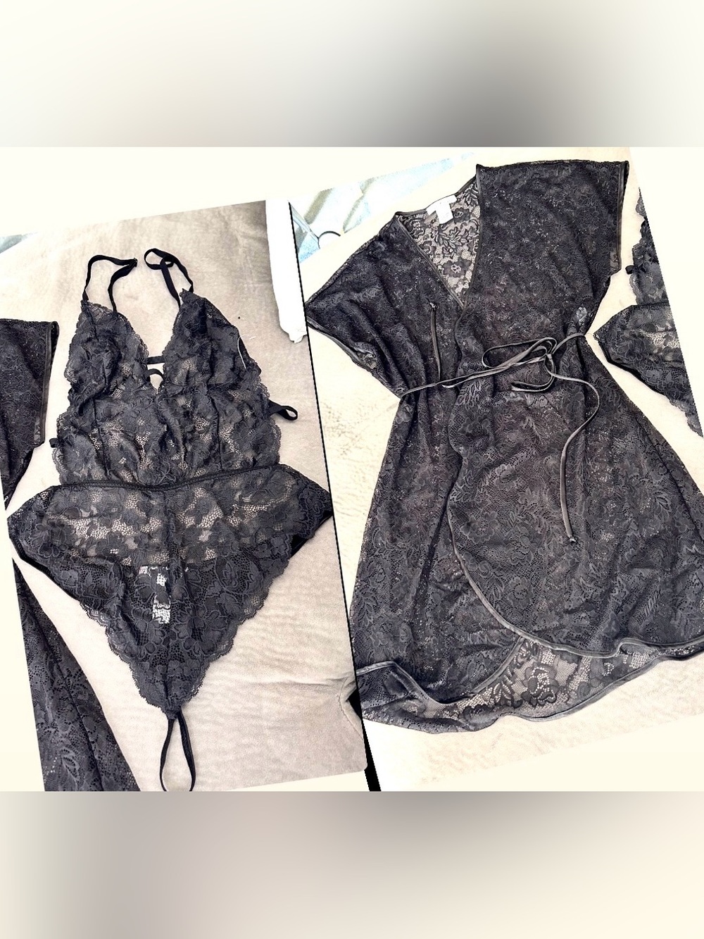 Linea Donatella Black Lace Chemise & Matching Robe Set